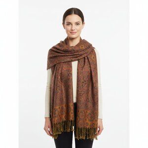 PASHMINA One Size Brown & Gold Paisley Shawl Wrap Scarf Fringe Reversible